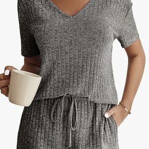 Gray Ribbed Knit Loungewear Set